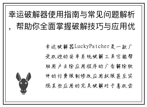 幸运破解器使用指南与常见问题解析，帮助你全面掌握破解技巧与应用优化方法